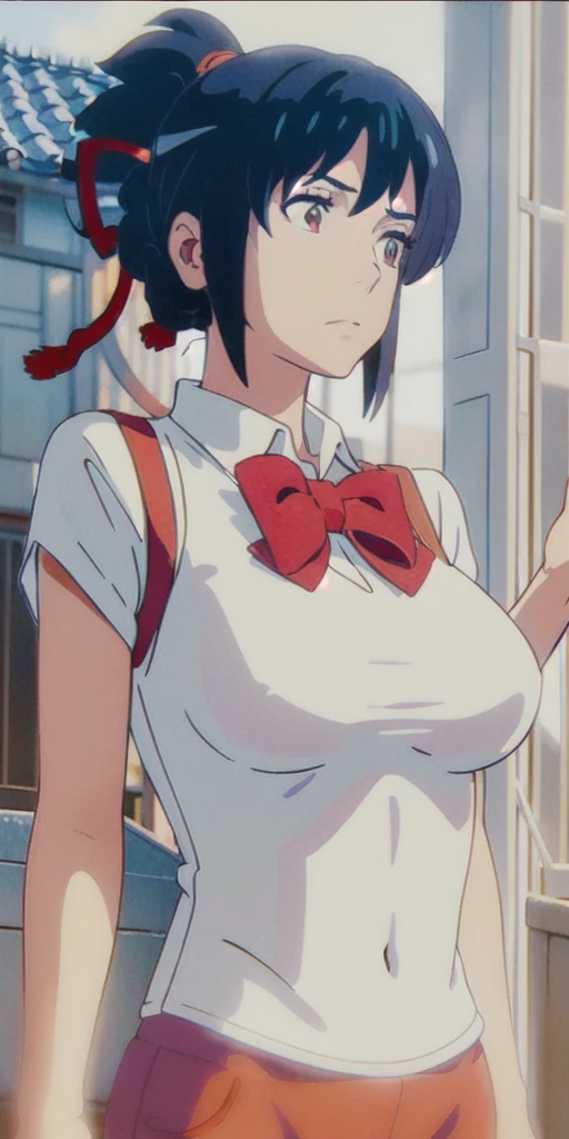 miyamizu_mitsuha, red bowtie,
jewelry, white yoga crop top, white yoga tight shorts, hands on chest,see-through, looking at viewer,  hair ornament, choker, shy,
(masterpiece, top quality, best quality, official art, beautiful and aesthetic:1.2), (1 girl), extreme detailed,  colorful, highest detailed,
(huge breasts:1.2, upper body, from below,  cameltoe,  ) white panties,
china city,street,  sun, cloud, wall, leaning,