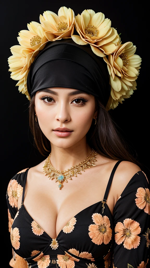 Arafe woman wearing hijab and necklace, complex set, Bejeweled, Wearing bra, Exquisite Jewelry, with Intricate details, Elaborate costumes, Wearing elegant jewelry, Intricate details. from the front, Black Jewelry, Jewelry made with attention to detail, high Intricate details, Hand Jewelry Model Photos, Close-up portrait, Complex beauty, Exquisite Jewelry, side view Intricate details, masterpiece, 最high quality, high quality, High resolution, Beautiful Face、(Realistic Face)、Realistic eyes、beautiful detailed eyes、Realistic Skin、Beautiful Skin、Ultra-realistic、Very detailed、Beautiful lighting、Sharp focus、Various poses、超Detailed face、fine aiole hair、brown hair、Long Hair、Beautiful hairstyle、Detailed face、Exposed breasts、Cleavage、(Big Breasts)、Incredibly stupid, It seems ridiculous., (((Black background)))((wearing Big floral mini dress:1.3))、