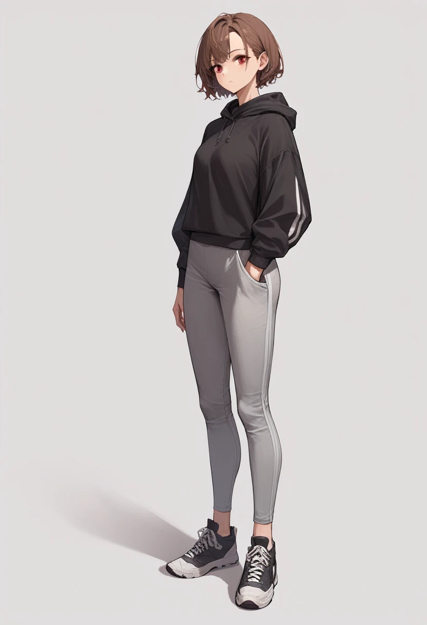1 girl, Brown hair, square, red eye color, black sweatshirt, gray pants, black sneakers with white laces, White background, standing straight