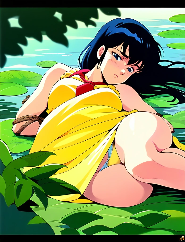 Kyoko,score_9,score_8_superior,score_7_superior,sauce_anime,One girl,alone,View your viewers,soaked,downpour,in the forest,Yellow dress、Sleeveless dress、Spread your legs,Dew panties,Lying down,Sad face,Bondage、Tie with rope、Countryside landscape、