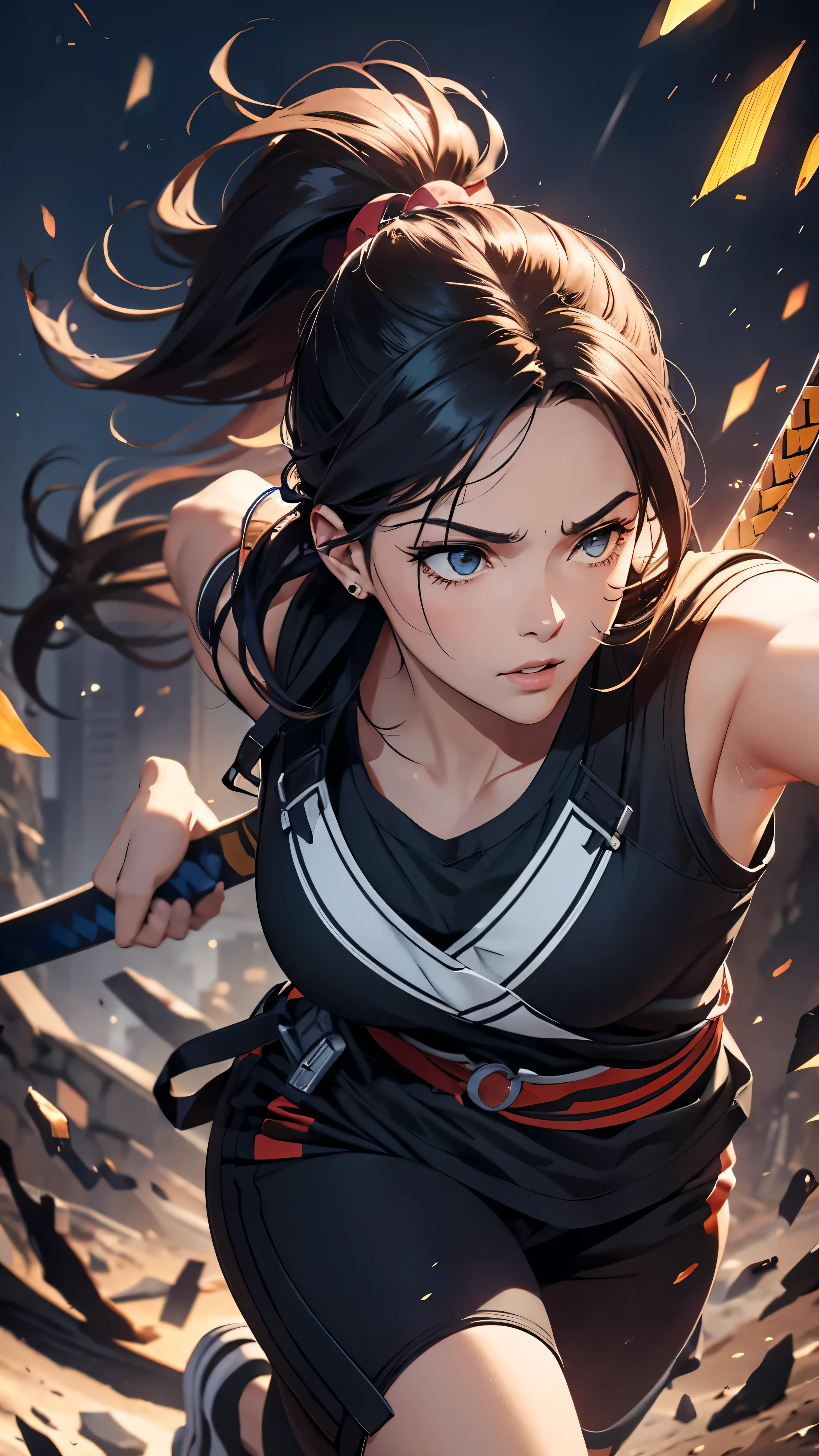 a woman with a brown ponytail hair,ninja,wearing a maxi length jersey jacket and jersey pants,sneaker,holding a katana and a long sword, running outside the buildings, (best quality,4k,8k,highres,masterpiece:1.2),ultra-detailed,(realistic,photorealistic,photo-realistic:1.37),cinematic lighting,dramatic composition,highly detailed facial features,cinematic pose,dynamic action scene,vibrant colors,intricate details
