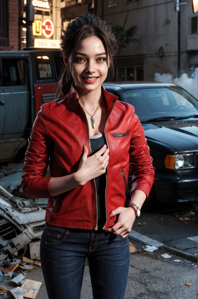 1girl, (realistic),(hyperrealism),(best quality),(masterpiece),(ultra high res),(photorealistic),idol,eye makeup,detailed eyes,detailed face,black dress, claireredfield2, brown hair, (red jacket:1.2), ponytail, (denim pants:1.3),, red wristband,, abandoned street, burning cars in background, littered street, smoke, chaos, zombie apocalypse, daytime, sunny,, hands in pocket, looking at viewer, smiling, closeup shot