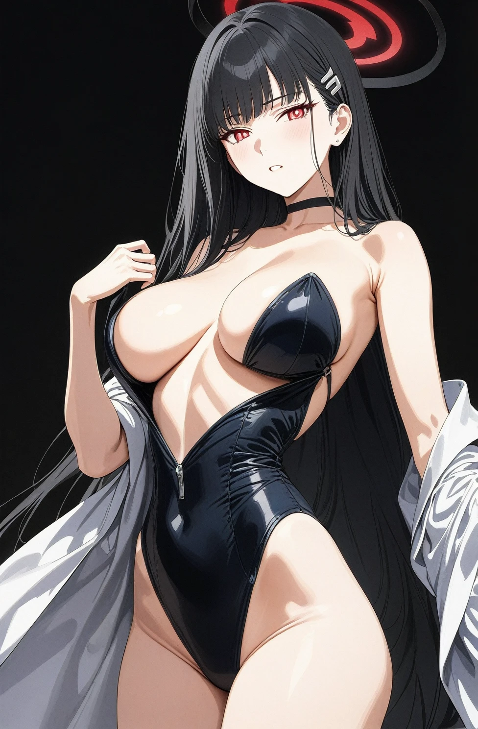 best quality, amazing quality, very aesthetic, absurdres, 1girl, rio (blue archive), blue archive, red eyes, black hair, strapless, (artist official art:1.5), (realistic face), (narrowed eyes), (cowboy shot:2), (concept art), panties, (thigh), expressive eyes, perfect face, 4k, extremely detailed anime illustration, extremely detailed eyes, enhanced details, perfect anatomy, light rays, photo background, extremely delicate body, smooth skin, feminine expression, (black background:1.5), cristal clear eyes, beautiful face, big breasts