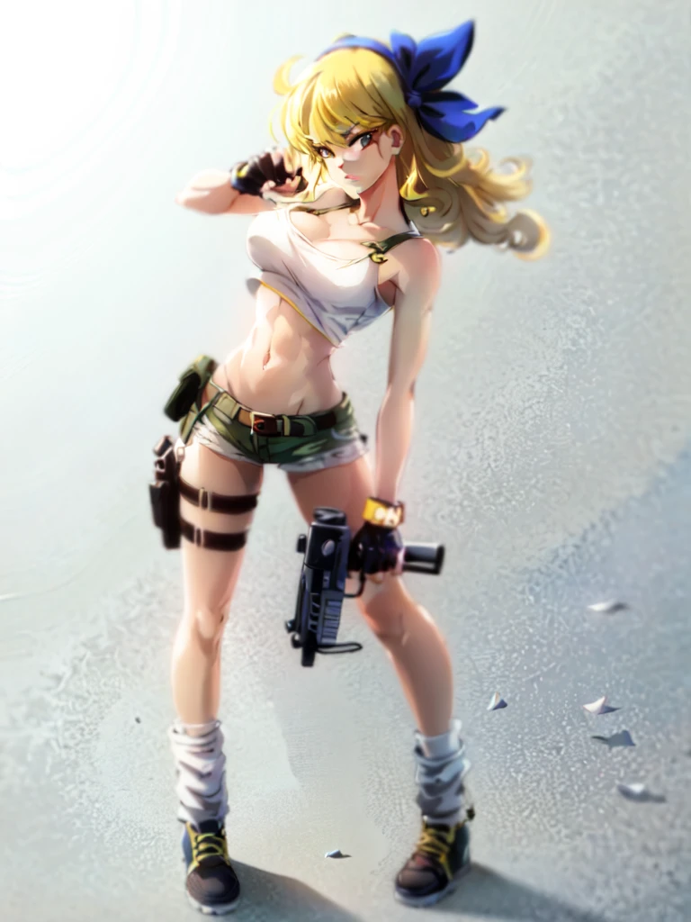 1girl, solo, weapon, shorts, gloves, gun, breasts, long hair, midriff, crop top, fingerless gloves, navel, shoes, full body, curly hair, cleavage, short shorts, hairband, submachine gun, yellow shorts, socks, holding weapon, holding, holster, simple background, tank top, sneakers, standing, belt, handgun, holding gun, white background, thigh holster, hair ribbon, collarbone, large breasts, bow, loose socks, medium breasts, looking at viewer