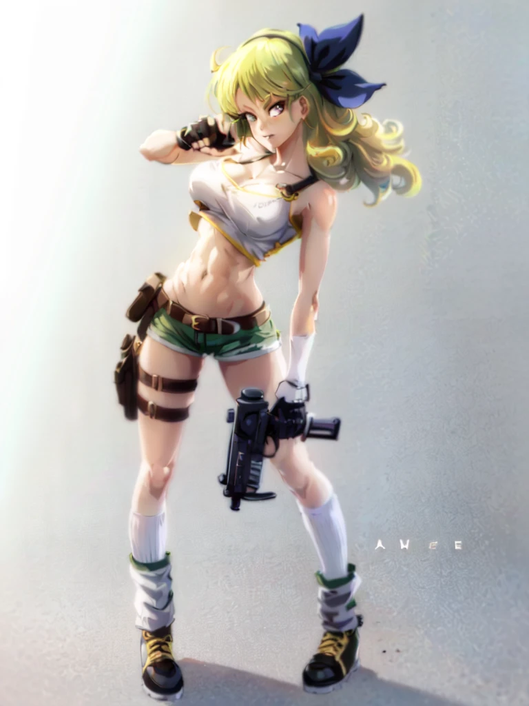 1girl, solo, weapon, shorts, gloves, gun, breasts, long hair, midriff, crop top, fingerless gloves, navel, shoes, full body, curly hair, cleavage, short shorts, hairband, submachine gun, yellow shorts, socks, holding weapon, holding, holster, simple background, tank top, sneakers, standing, belt, handgun, holding gun, white background, thigh holster, hair ribbon, collarbone, large breasts, bow, loose socks, medium breasts, looking at viewer