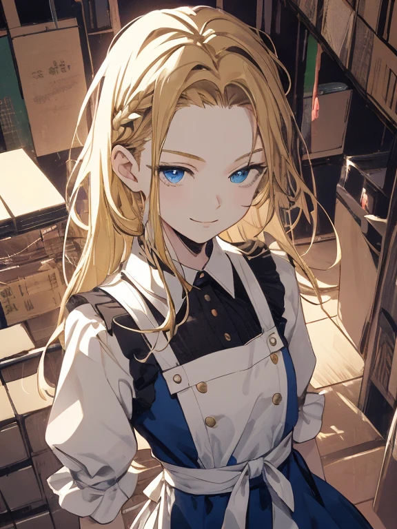 masterpiece, Highest quality, Very detailed, 16K, Ultra-high resolution, Cowboy Shot, Alice in Wonderland, (Dadaism:1.4), -yeld gi Detailed face, Mischievous Smile, blue eyes, Blonde, Braiding, Long Hair, Ribbon on head, Blue clothes, Plain white apron, 大きなclockのある部屋で, clock, 壁clock