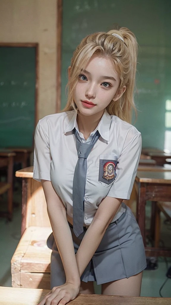 (pp clothes), (realistic), Yamanaka Ino, wearing a white Indonesian high school shirt, with a short gray skirt, wearing an Indonesian school tie, portrait of a cute school girl model, half body portrait, begroun in a school classroom, explain the details , beautiful face, blonde hair color, glowing white face, hijab colored pupils, teenager, body standing straight, situation pose in class, looking at the audience, RAW, Best quality, high resolution, work: 1.3), Young girl, displayed realistically, beautiful, posing facing the audience's camera, showing perfect facial details, friendly expression with a thin smile, in class, ((Indonesian middle school high school clothes)), clear short photo, high resolution, 4k, HDR, DSLR, 1girl , photorealistic, realistic, big breasts, ((half body)) facing towards the viewer, close up, classroom,anime characters, to real life, turn anime pictures into realistic photos. Get high-quality, photorealistic results from a truly detailed perspective. Perfect portrait, realistic, high quality, super detailed display, HDR, 8k