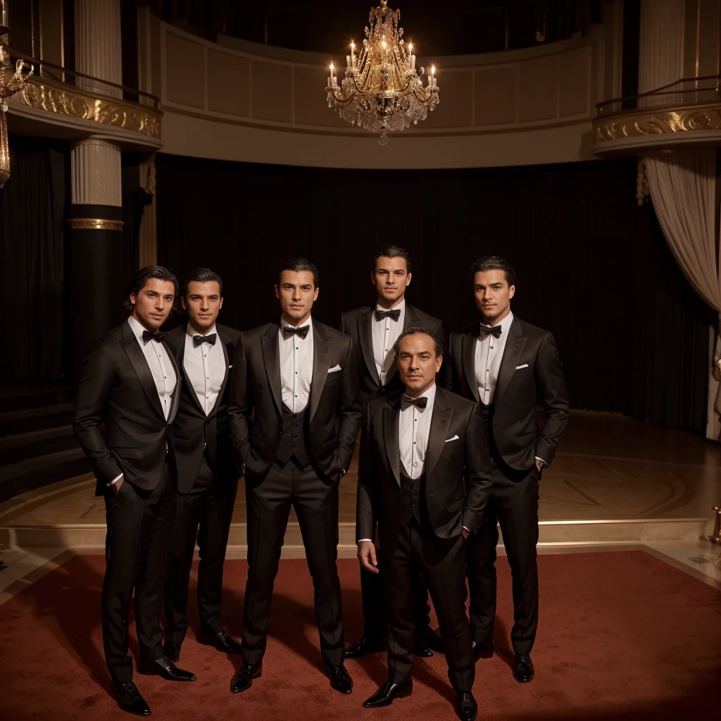 Capture the elegance and sophistication of four individuals, comprising four men. The four men don black tuxedos, They stand side by side on the grand opera stage, exuding an air of utmost refinement and poise. Ensure the image is a realistic, ultra HD portrayal of this scene.
