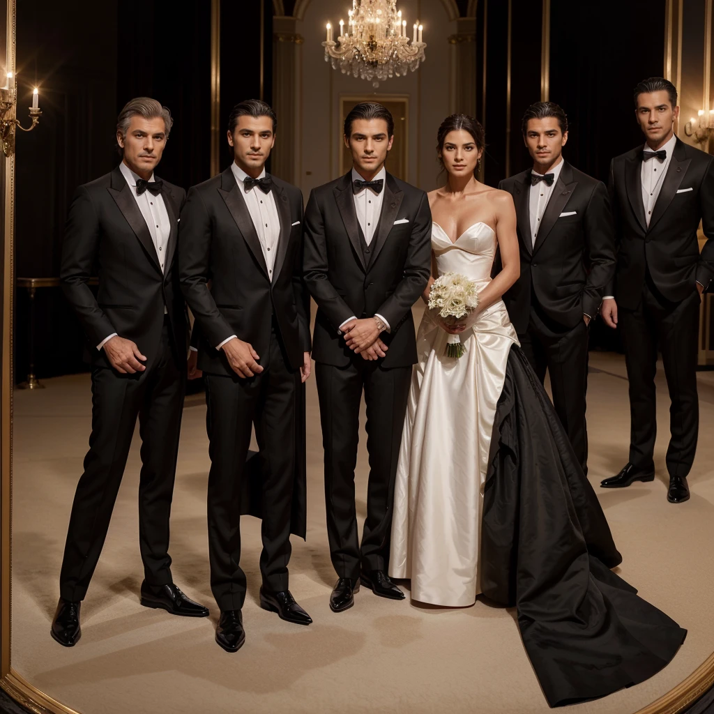 Capture the elegance and sophistication of four individuals, comprising four men. The four men don black tuxedos, They stand side by side on the grand opera stage, exuding an air of utmost refinement and poise. Ensure the image is a realistic, ultra HD portrayal of this scene.