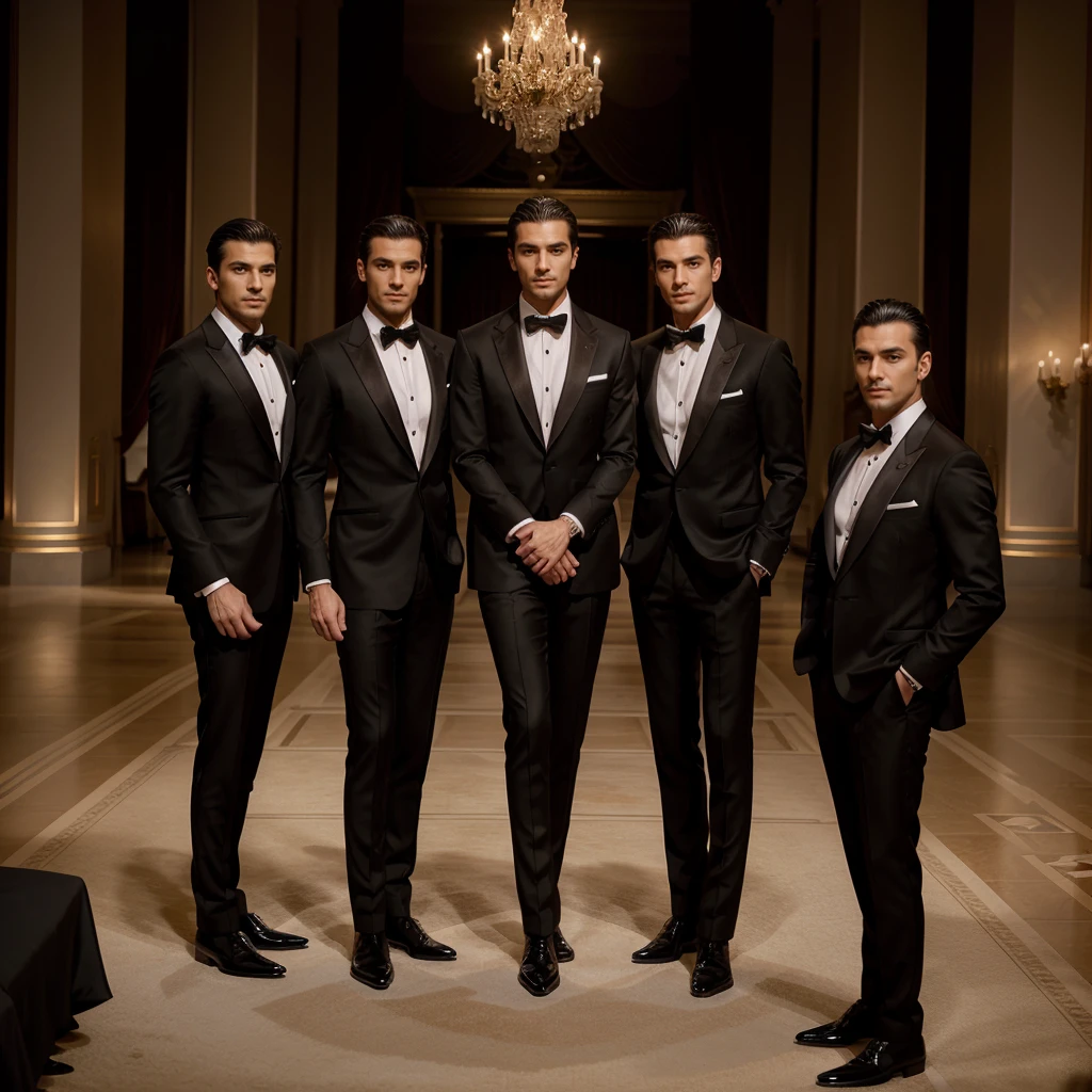 Capture the elegance and sophistication of four individuals, comprising four men. The four men don black tuxedos, They stand side by side on the grand opera stage, exuding an air of utmost refinement and poise. Ensure the image is a realistic, ultra HD portrayal of this scene.