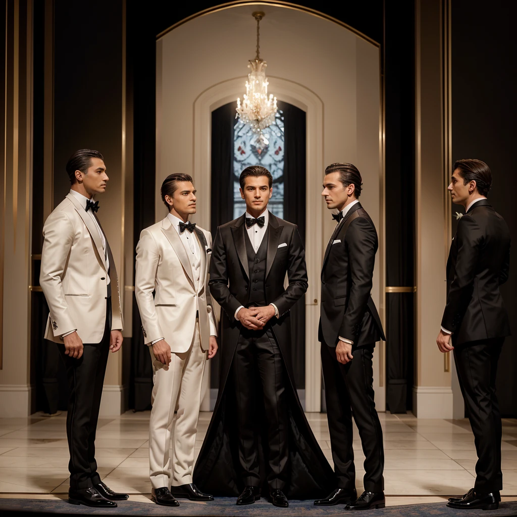 Capture the elegance and sophistication of four individuals, comprising four men. The four men don black tuxedos, They stand side by side on the grand opera stage, exuding an air of utmost refinement and poise. Ensure the image is a realistic, ultra HD portrayal of this scene.