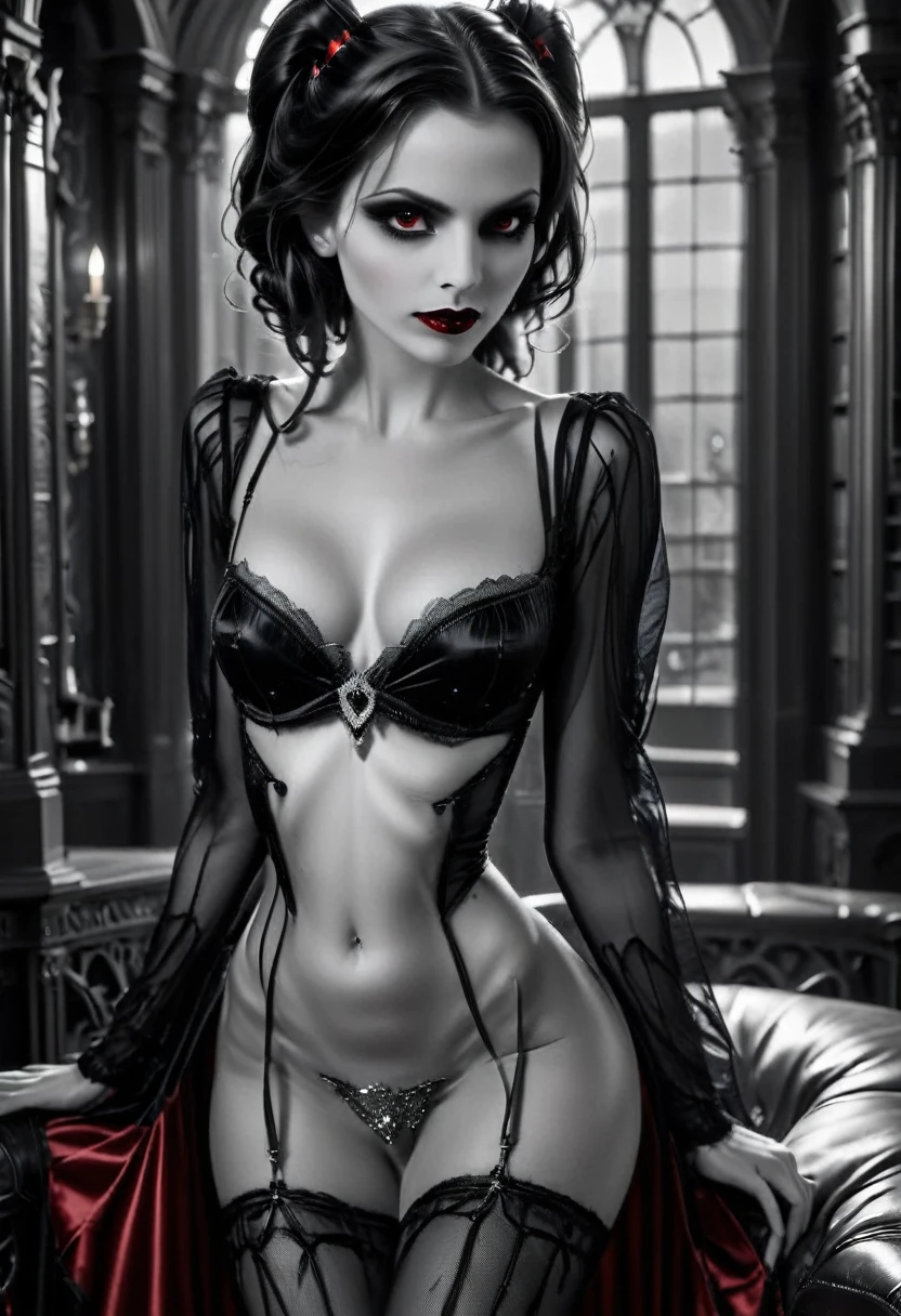 fantasy art deco (art deco: 1.5) A (black and white: 1.5) glamours (vampire: 1.5) model shot, RAW, award winning, of an exquisite beautiful 1solo female vampire, ultra feminine, full body, busty woman, most beautiful face ultra detailed face, ((long twin tails: 1.3)), pale skin, glowing (red: 1.3) eyes, wearing (blue: 1.5) silk corset, stockings, wearing intricate high heels, light make up, ancient library background, (black and white filter: 1.4), (anatomically correct: 1.4), 1960s photoshoot style, picture taken from dynamic range, vibrant, Ultra-high resolution, High Contrast, (masterpiece:1.5), highest quality, Best aesthetics), best details, best quality, highres, ultra wide angle, 16k, [ultra detailed], masterpiece, best quality, (extremely detailed), Intense Gaze, dark novel, mega twintails