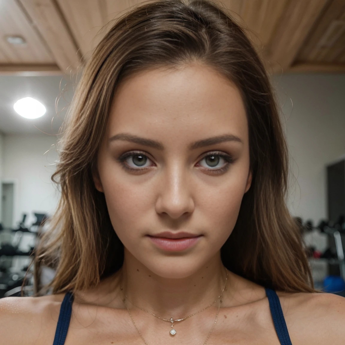 photo selfie of a 30 year old girl with cheveux blond and yeux marrons, heureux, expression joyeuse, closed mouth, beau lips, Intricate details, faible profondeur de champ, very detailed, detail du corps tres texturer et detail parfait, de tres belle mains, ariere plan detailler, blue fitnesse tenue, in gym, magnifique, chef-d'artwork, prime, very detailed, detailed skin texture, (rougir: 0.5), (chair de poule: 0.5). (the most beau woman in the world) (cheveux bruns) (Short, curly hair, les cheveux sauvages, elegant coupe) visage mince, nez fin, beau, very beau, parfait face, mince body (mince), (cheveux bruns) (yeux marrons ) (peau blanche) beau corps, face ouest, Yeux predators, pink lips, thick thighs. Tout le corps, Beauté occidentale, nez fin, beau, parfait, ((Best quality)), ((ultra resolution)), ((photorealistic: 1.4)), (Intricate details), parfait face, se maquiller: 1.5 , visage clair, Facial details. vue de face ((uniforme, costume tactique, disguise of'agent, ESPIONNER))