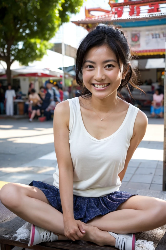 48 years old D cup saggy breasts woman A kind smile Big eyes Front teeth Japanese classmate High resolution, Highest quality, super high quality, Ultra-detailed, Cinematic lighting、On the street、Sweaty、Sweat、Black-haired、Idol girl singing on the bandstand、Big smile、sunny day、Spread your legs、Spread your legs、sunny day、Full nudity、huge 、Nipples、Browsing Caution、punk