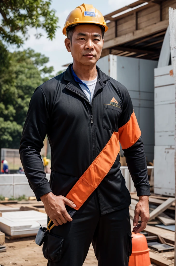 ภาพrealistic, Thai Men, Wear a black suit., Age 45, Oval face,Go see the construction site, outdoor, In the back there are people working on construction., depth of field, Bokeh, realism, realistic, hyperrealism, professional photography, FuSD, dslr.