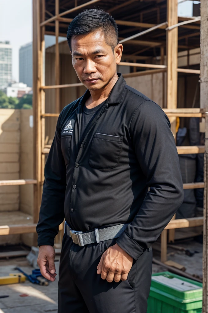 ภาพrealistic, Thai Men, Wear a black suit., Age 45, Oval face,Go see the construction site, outdoor, In the back there are people working on construction., depth of field, Bokeh, realism, realistic, hyperrealism, professional photography, FuSD, dslr.