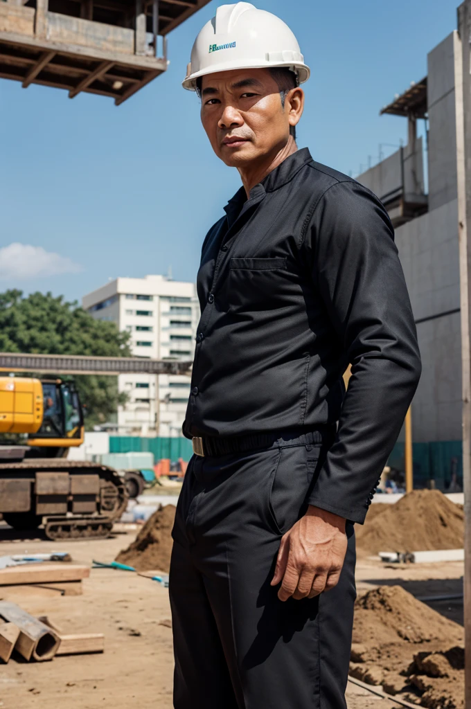 ภาพrealistic, Thai Men, Wear a black suit., Age 45, Oval face,Go see the construction site, outdoor, In the back there are people working on construction., depth of field, Bokeh, realism, realistic, hyperrealism, professional photography, FuSD, dslr.