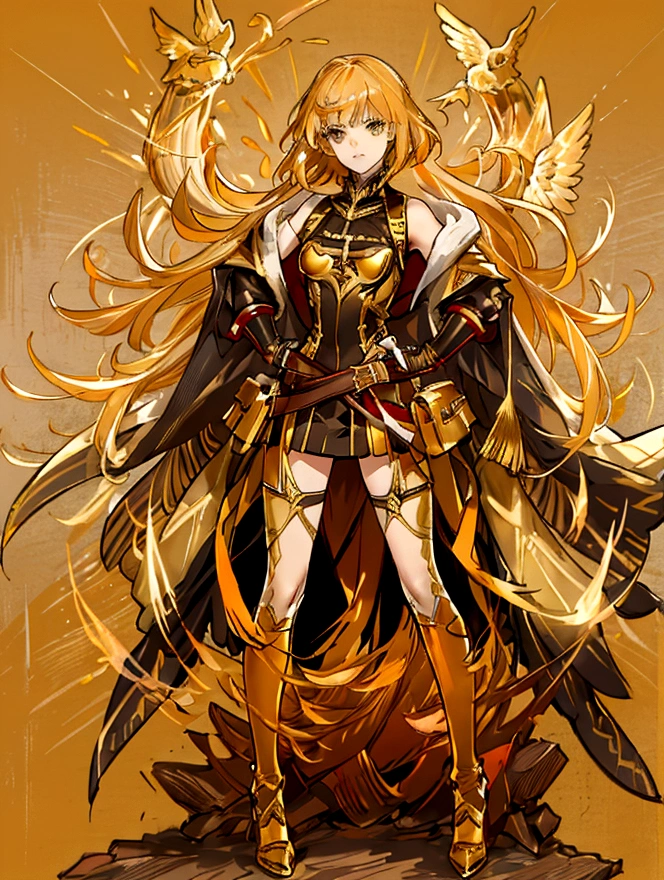 1girl,Emma Watson mix Scarlett Johansson, gold eagle suit , Fantasy gold Warrior armer, wearing slim orange skirt fabric , (perfect big breasts:1.5, small waist, medium hips, perfect face)