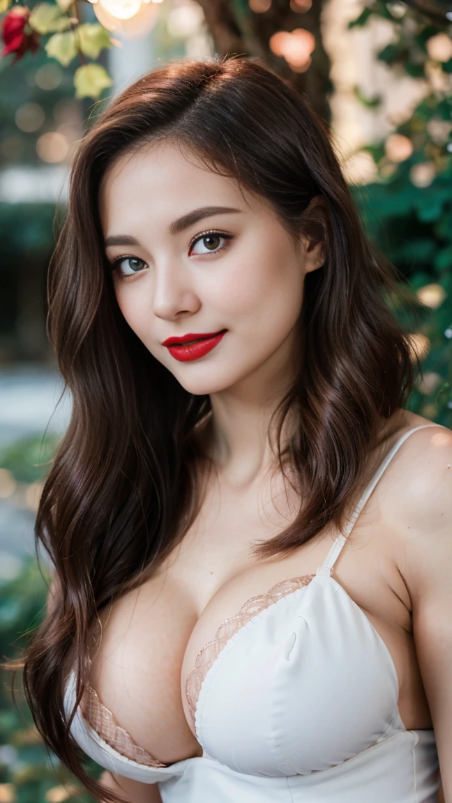 Gorgeus Girl, Beautiful, Baby Face, 20 Years Old, White Skin, red lipstick, sensual Lipstick, Colossal Breasts, Movie Lighting, Futuristic, ((Cleavage)), Green-Gold Classy Lace G-string, Rose Eye, Muscles, Bokeh, Masterpiece, Medium Bob, Rose-Gold Hair, Lying Among the Rubble of Leaves, Smile