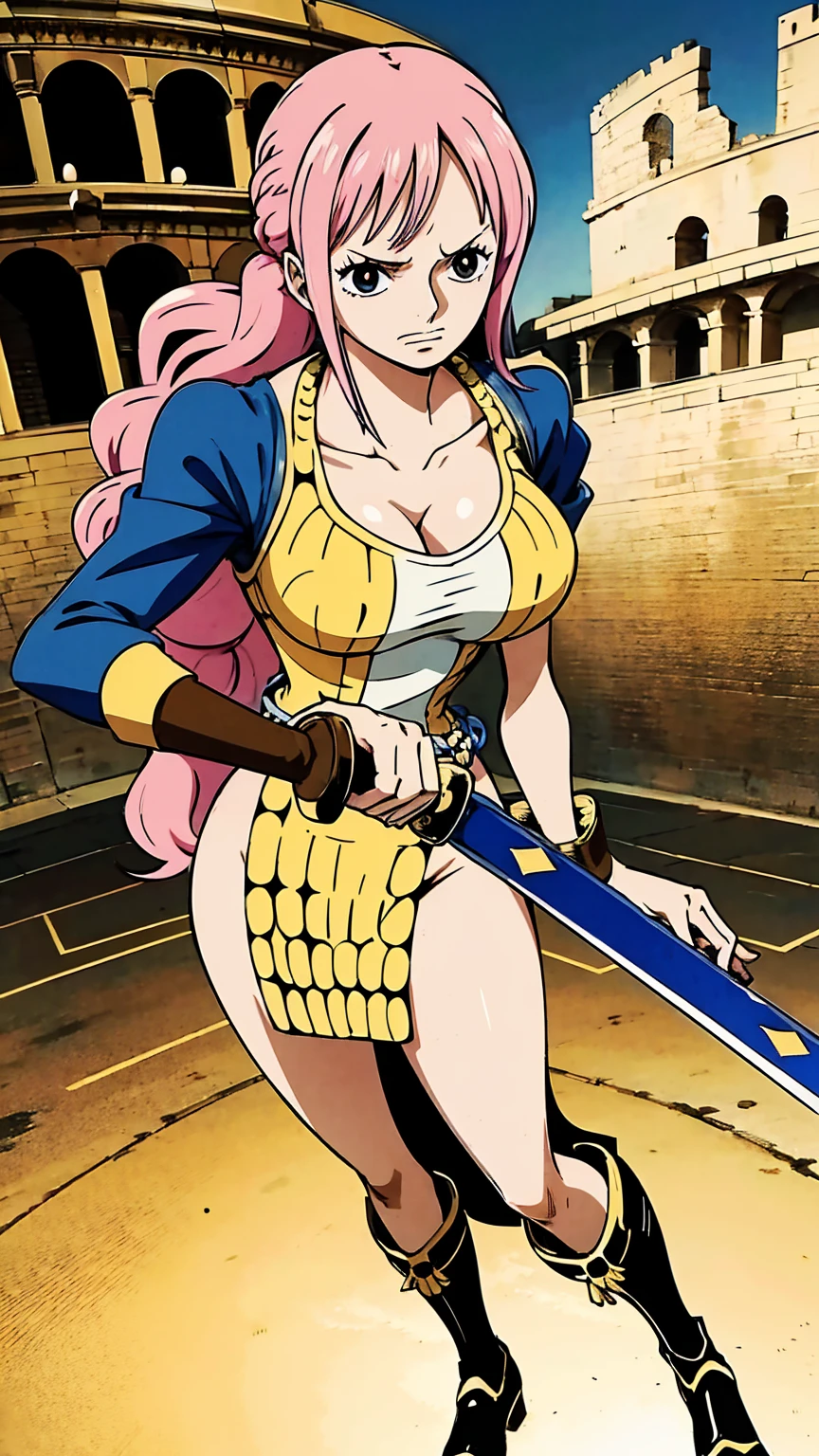 Draw Rebecca from "One Piece" in an anime style. She has long pink hair that is straight and reaches slightly below her shoulders. Rebecca's eyes are large and blue. She is wearing pink armor with gold decorations on the shoulders and chest. Under the armor, she has a short white dress, and she wears black boots on her feet. She is holding a large sword in her hand and has a brave expression on her face. The background should depict a coliseum-like setting with visible audience stands. The overall atmosphere should convey a brave and warrior-like image.
