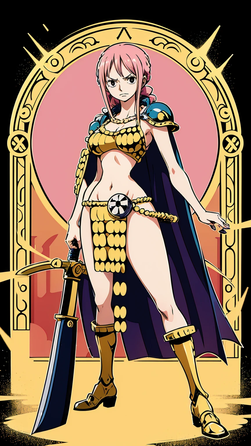 Draw Rebecca from "One Piece" in an anime style. She has long pink hair that is straight and reaches slightly below her shoulders. Rebecca's eyes are large and blue. She is wearing pink armor with gold decorations on the shoulders and chest. Under the armor, she has a short white dress, and she wears black boots on her feet. She is holding a large sword in her hand and has a brave expression on her face. The background should depict a coliseum-like setting with visible audience stands. The overall atmosphere should convey a brave and warrior-like image.
