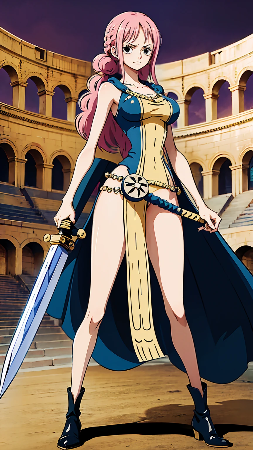 Draw Rebecca from "One Piece" in an anime style. She has long pink hair that is straight and reaches slightly below her shoulders. Rebecca's eyes are large and blue. She is wearing pink armor with gold decorations on the shoulders and chest. Under the armor, she has a short white dress, and she wears black boots on her feet. She is holding a large sword in her hand and has a brave expression on her face. The background should depict a coliseum-like setting with visible audience stands. The overall atmosphere should convey a brave and warrior-like image.
