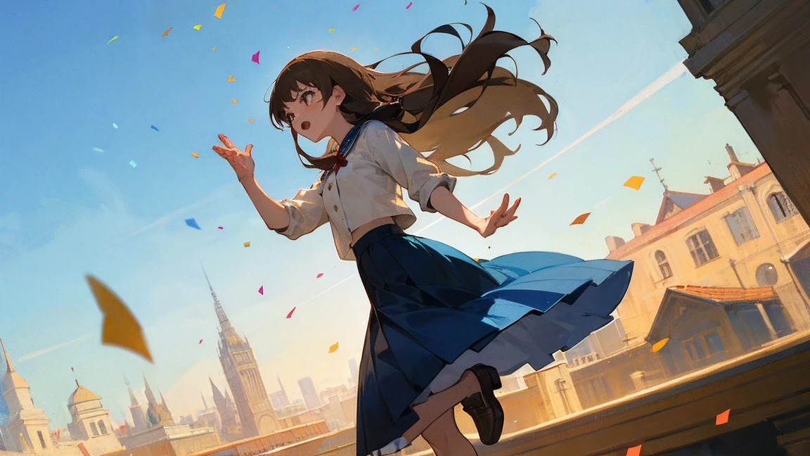 ((Highest quality)), ((masterpiece)), ((Very detailed)),Floatingする***,Angry expression，floating，Floating，Confetti，Brown Hair,tears,Levitating,Blue sky background,Feet in the air,tears,gravity,Long skirt,loafers,Raise both hands,Overlooking,longshot,Long Shot