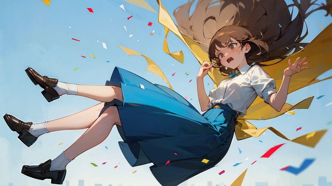 ((Highest quality)), ((masterpiece)), ((Very detailed)),Floatingする女の子,Angry expression,floating,Floating,Confetti,Brown Hair,tears,Levitating,Blue sky background,Feet in the air,tears,gravity,Long skirt,loafers,Raise both hands,Overlooking,longshot,Long Shot