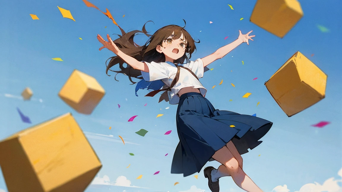 ((Highest quality)), ((masterpiece)), ((Very detailed)),Floatingする女の子,Angry expression，floating，Floating，Confetti，Brown Hair,tears,Levitating,Blue sky background,Feet in the air,tears,gravity,Long skirt,loafers,Raise both hands,Overlooking,longshot,Long Shot