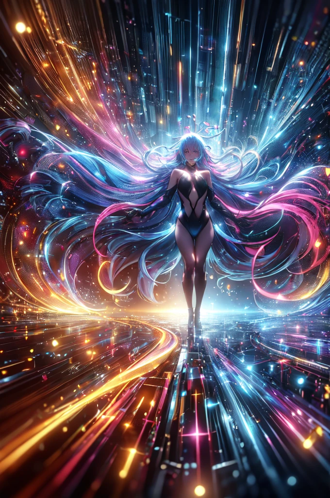 ((8k, best quality, masterpiece, extremely detailed, Rule of thirds)), (((light play, shadow play))), ((abstract background)), ((provocative)), ((glamour photography)), ((cinematic, film grain)), ((anime aesthetic)), ((comic-style)), ((soft light passing through hair)), ((colorful, frenzied)), reflection, shiny, ((1girl, multi-color hair, flowing hair, holographic, wind-blown)), 