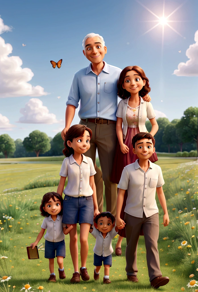 family, Young mother, young dad, mom dad same height, One , holding hands, walking through a chamomile field, smiling, dad has a book in his hand, mom has a bouquet of daisies in her hand, the sun is shining, blue sky, White clouds, Butterflies fly