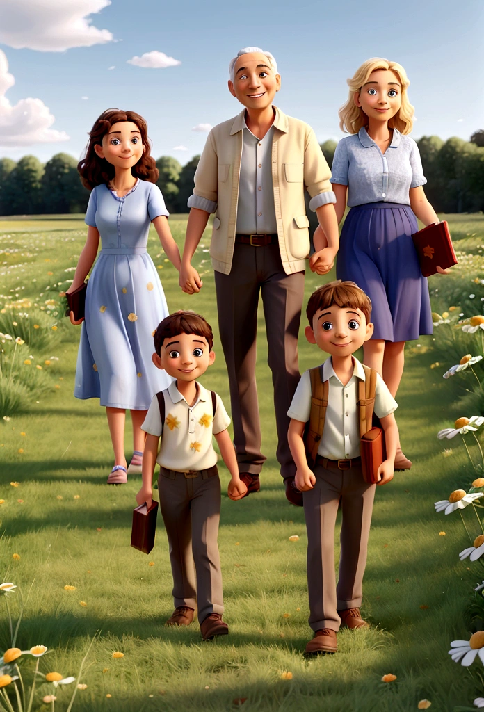 family, Young mother, young dad, mom dad same height, One , holding hands, walking through a chamomile field, smiling, dad has a book in his hand, mom has a bouquet of daisies in her hand, the sun is shining, blue sky, White clouds, Butterflies fly