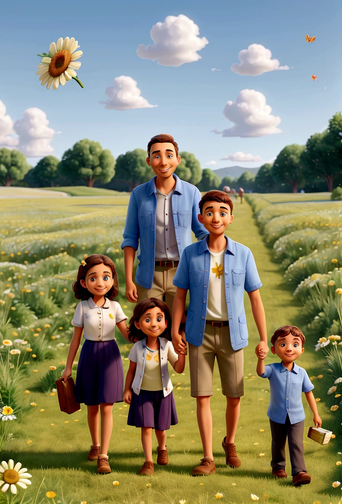 family, Young mother, young dad, mom dad same height, One , holding hands, walking through a chamomile field, smiling, dad has a book in his hand, mom has a bouquet of daisies in her hand, the sun is shining, blue sky, White clouds, Butterflies fly