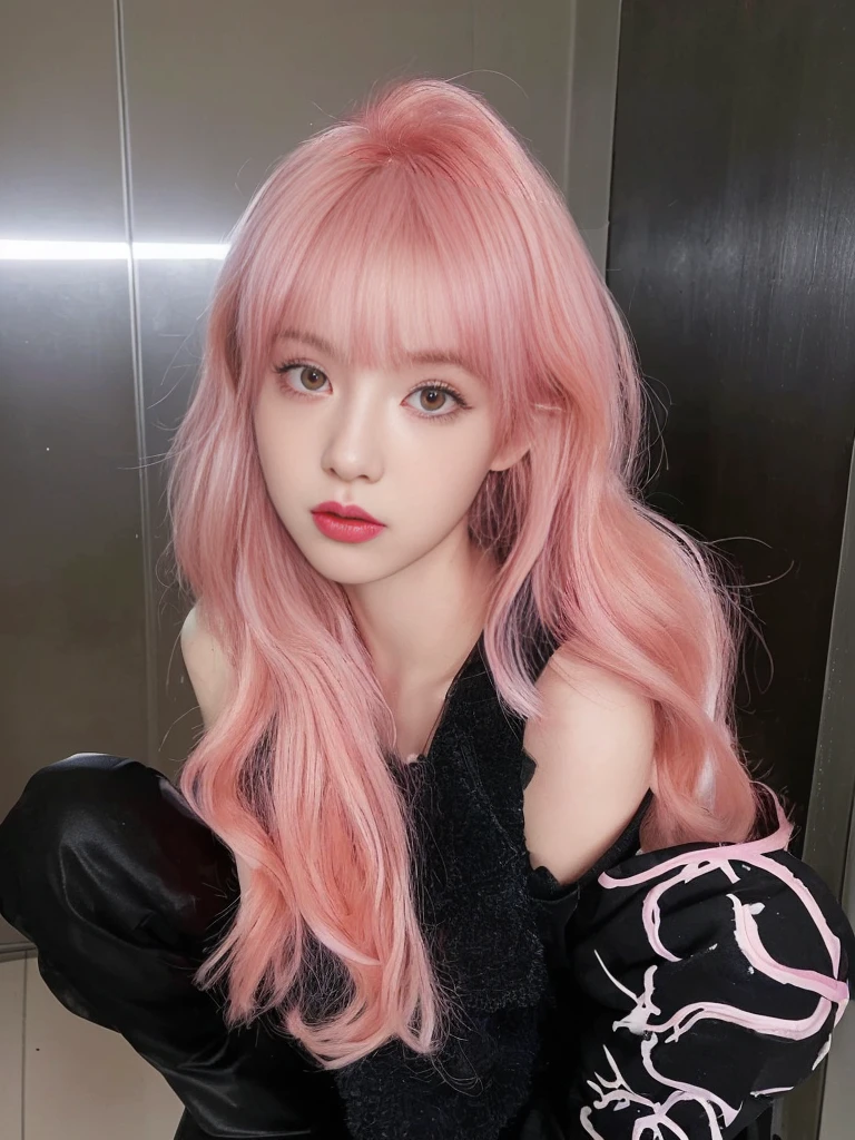 8K high quality，1 woman，Fluorescent pink hair：1.5，Look at the camera