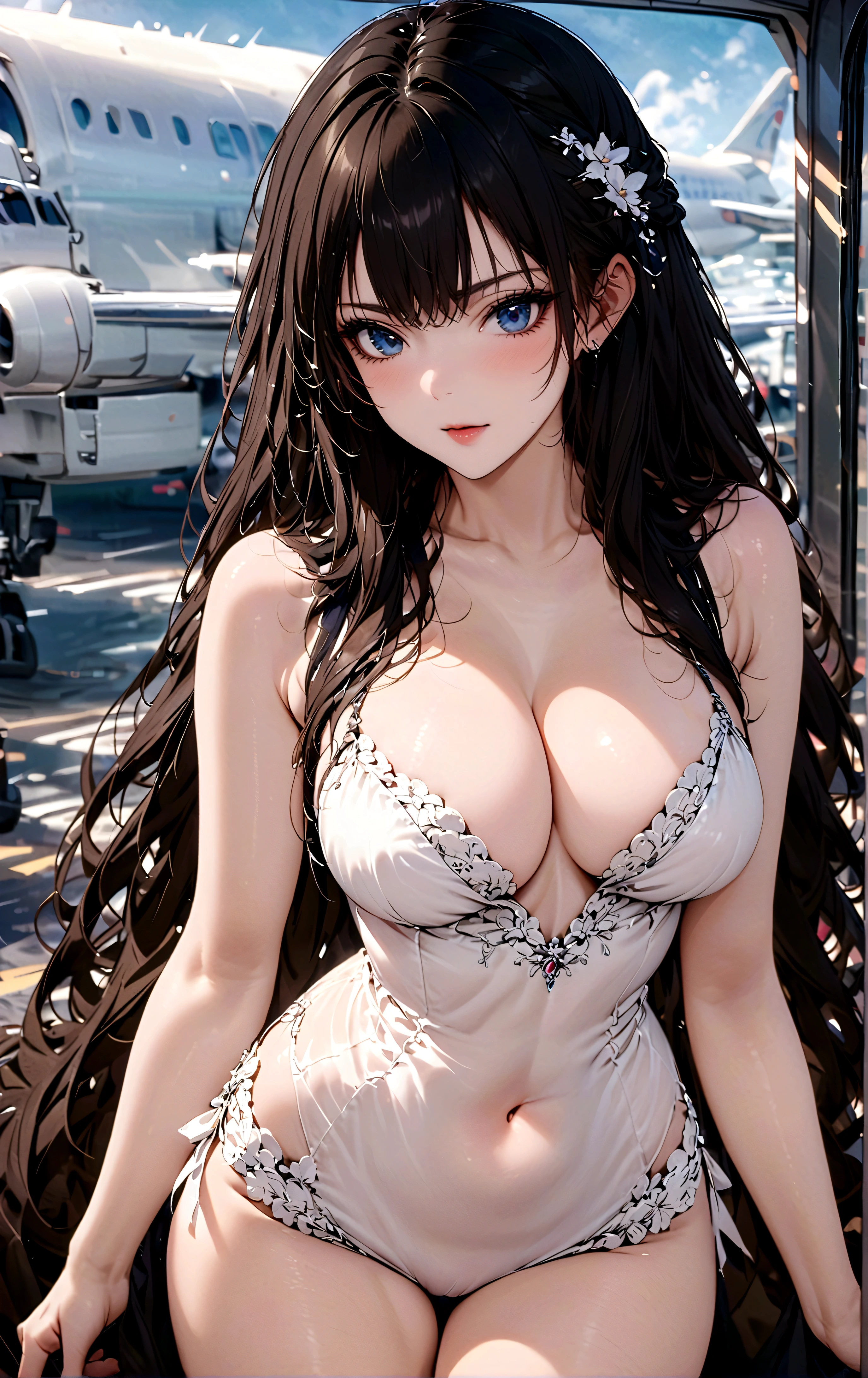 Long hair,Black Hair,beauty,((airplane)),Sexy