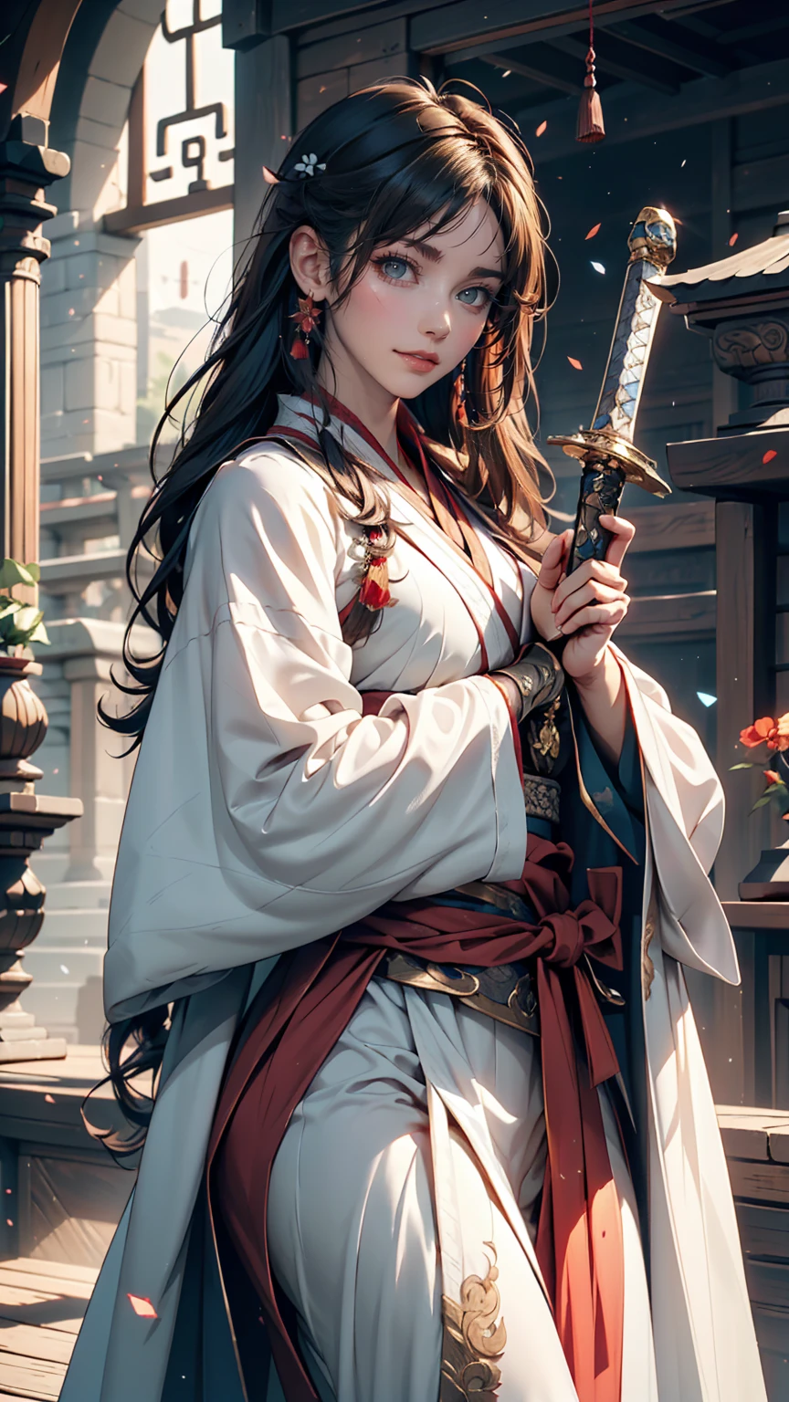 Close-up of a woman wearing a white dress and holding a sword, Portraits by Jan J., Trending on CGSociety, Fantasy art, Beautiful character drawings, artwork in the style of Gwaiz, Gwaiz, White Hanfu, Flowing white robes, Full body martial arts, Magnificent and elaborate character art, Amazing character art, beautiful female assassin
