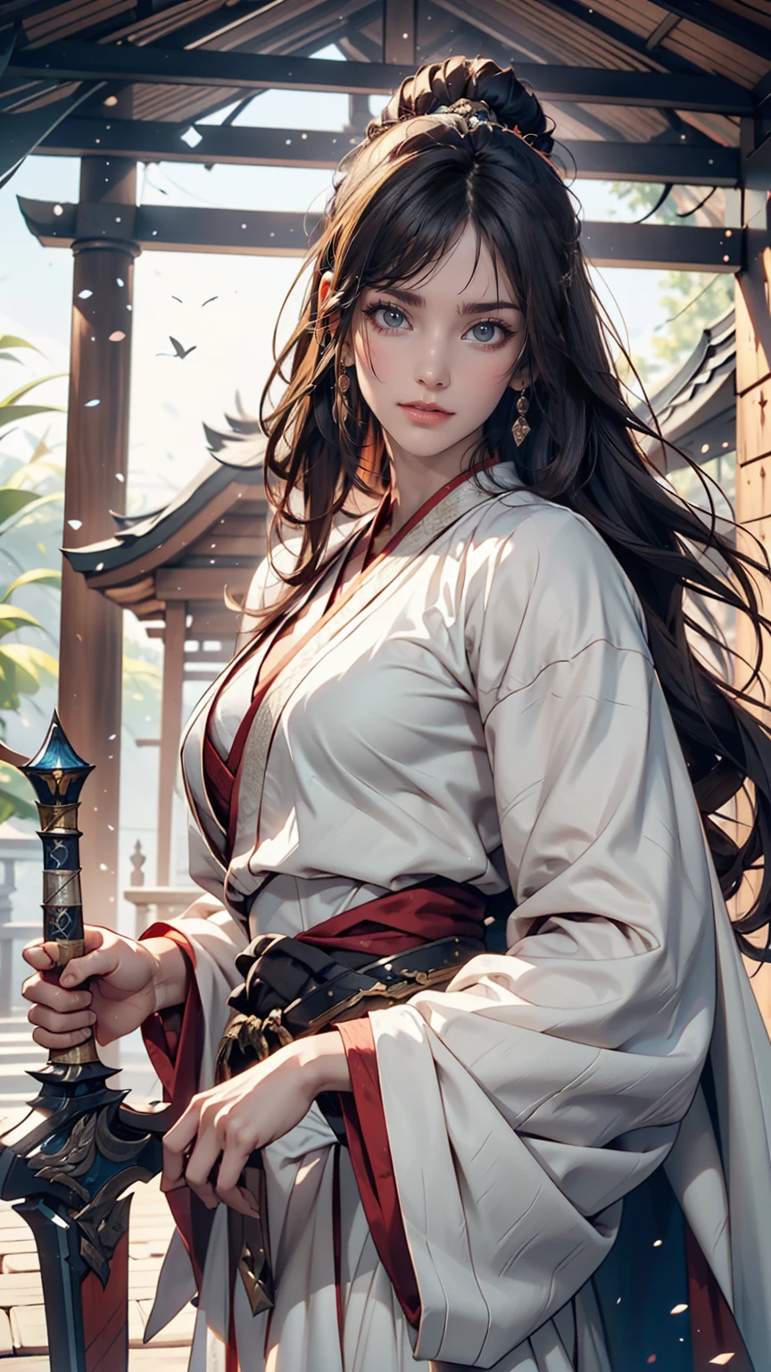 Close-up of a woman wearing a white dress and holding a sword, Portraits by Jan J., Trending on CGSociety, Fantasy art, Beautiful character drawings, artwork in the style of Gwaiz, Gwaiz, White Hanfu, Flowing white robes, Full body martial arts, Magnificent and elaborate character art, Amazing character art, beautiful female assassin