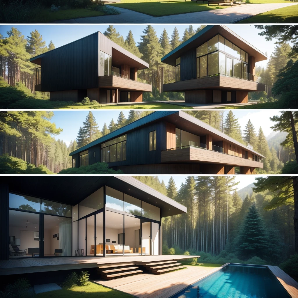 a rendering of a modern House in the Forests with a pool, minimalistic House in the Forest, House in the Forest, Build in the forest near the lake, modern House in the Forest, concept house, House in the Forest, Black House, Futuristic house, House in the Forest, Nestled in the forest, Roofed forest, Nature meets architecture