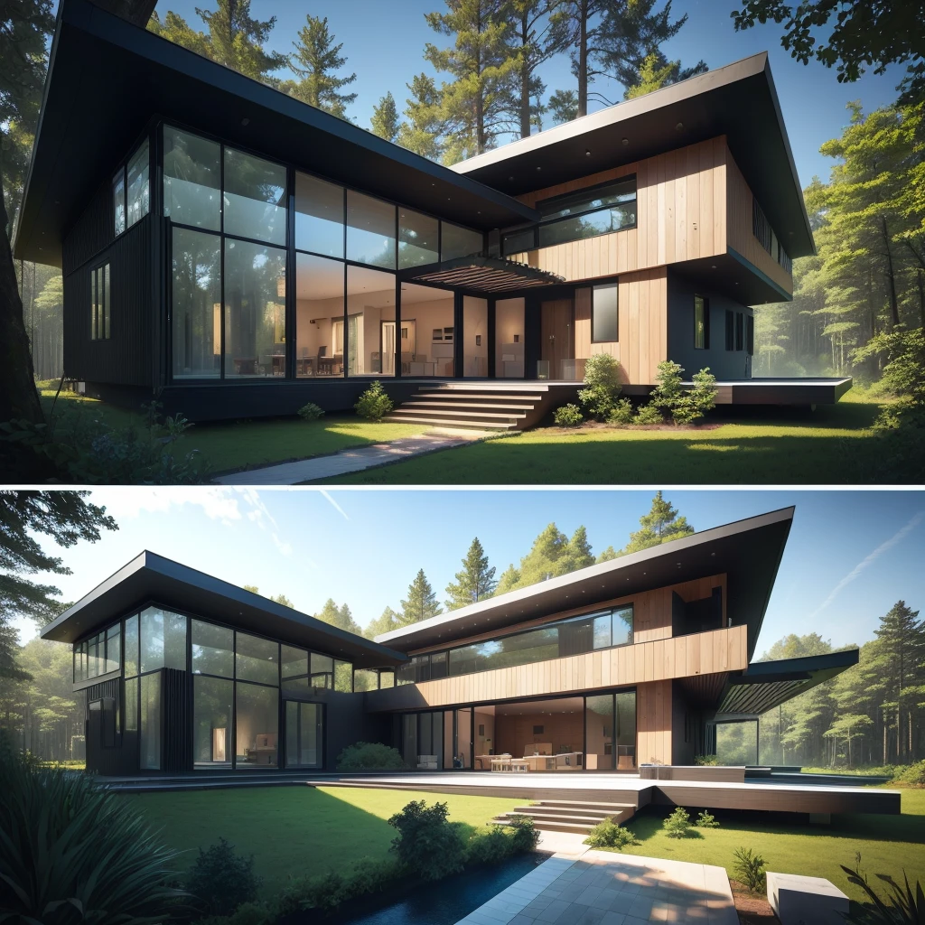 a rendering of a modern House in the Forests with a pool, minimalistic House in the Forest, House in the Forest, Build in the forest near the lake, modern House in the Forest, concept house, House in the Forest, Black House, Futuristic house, House in the Forest, Nestled in the forest, Roofed forest, Nature meets architecture