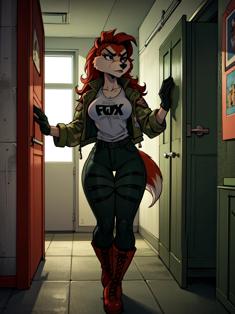 a young furry woman anthro fox in a camouflage sweater,  camouflage jacket, tactical gloves, camouflage pants, army boots, furry, highly detailed face, beautiful detailed eyes, beautiful detailed lips, extremely detailed eyes and face, long eyelashes, photorealistic, 8k, hyperdetailed, cinematic lighting, dramatic shadows, vibrant colors, gritty military aesthetic, weathered look, grunge, moody atmosphere