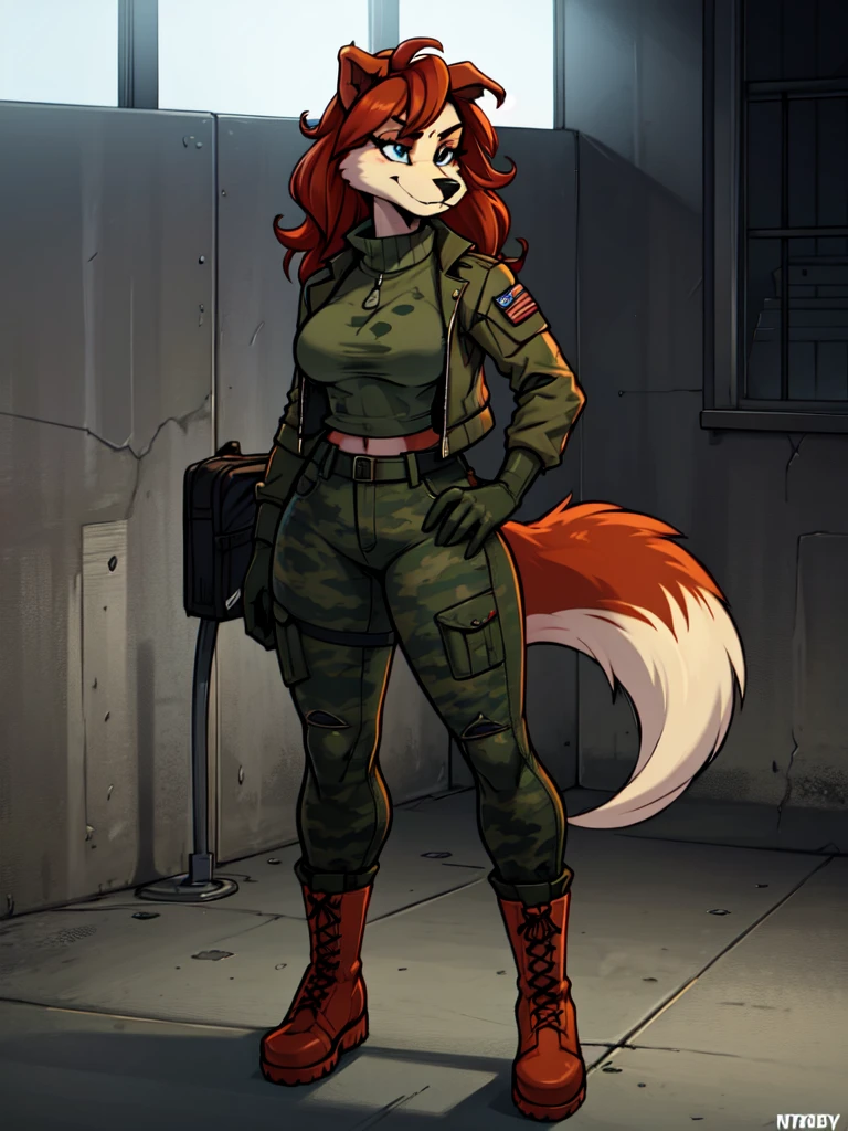 a young furry woman anthro fox in a camouflage sweater,  camouflage jacket, tactical gloves, camouflage pants, army boots, furry, highly detailed face, beautiful detailed eyes, beautiful detailed lips, extremely detailed eyes and face, long eyelashes, photorealistic, 8k, hyperdetailed, cinematic lighting, dramatic shadows, vibrant colors, gritty military aesthetic, weathered look, grunge, moody atmosphere