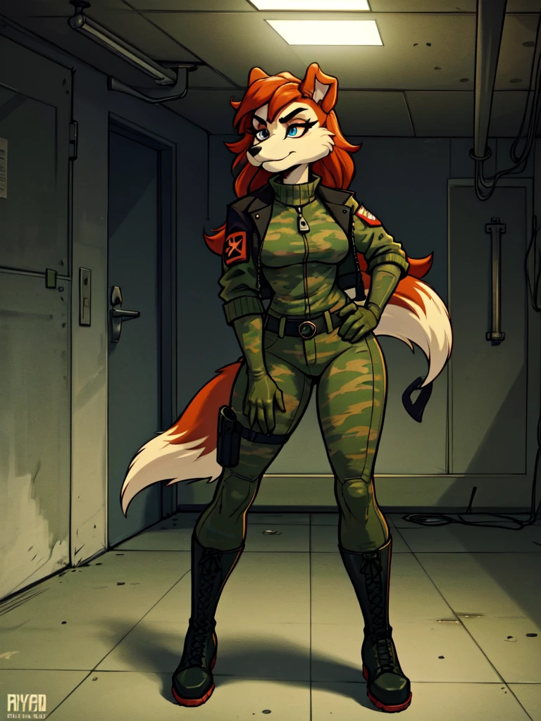 a young furry woman anthro fox in a camouflage sweater,  camouflage jacket, tactical gloves, camouflage pants, army boots, furry, highly detailed face, beautiful detailed eyes, beautiful detailed lips, extremely detailed eyes and face, long eyelashes, photorealistic, 8k, hyperdetailed, cinematic lighting, dramatic shadows, vibrant colors, gritty military aesthetic, weathered look, grunge, moody atmosphere