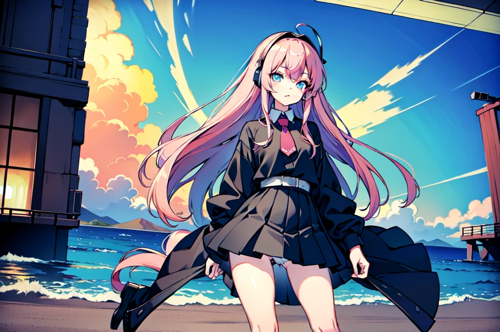 Masterpiece, Best quality, Masterpiece,Best quality,offcial art,Extremely detailed Cg Unity 8K wallpaper, day, Sunset, over the sea, Huge_filesize, absurderes, Real, Girl, tchibi, Long hair, Pink hair, crossed bangs, aqua eyes, Blue eyes, Bare_bshoulders, Miniskirt, low legs_Panties/Low_Leg_Panties, Black pantyhose, panties over pantyhose, High heels, headphones around their necks, Collar, pendant,