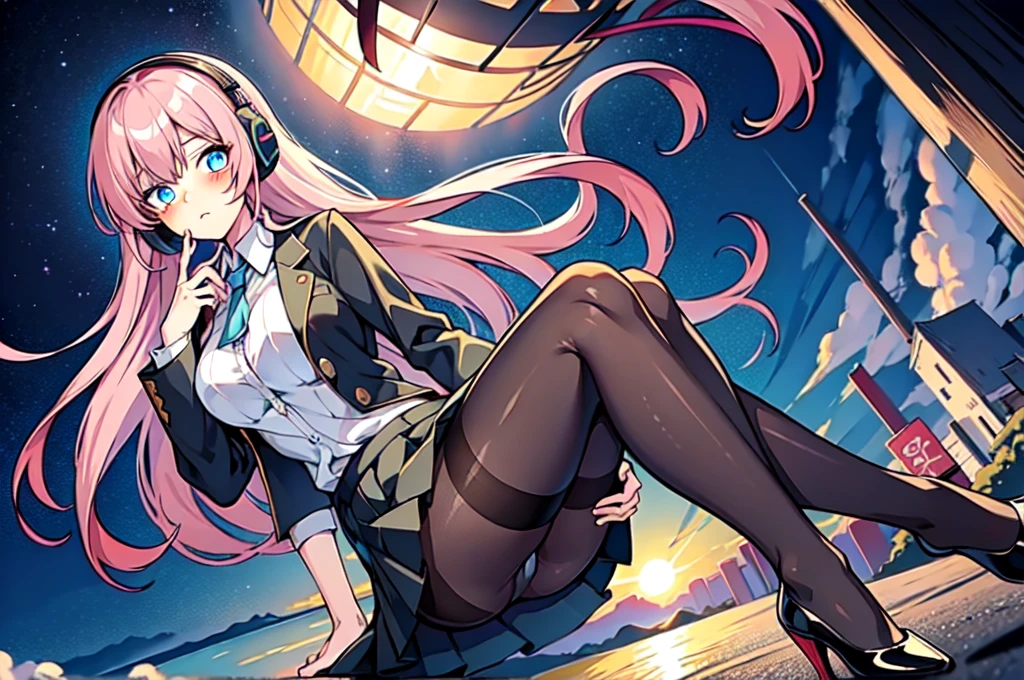 Masterpiece, Best quality, Masterpiece,Best quality,offcial art,Extremely detailed Cg Unity 8K wallpaper, day, Sunset, over the sea, Huge_filesize, absurderes, Real, Girl, tchibi, Long hair, Pink hair, crossed bangs, aqua eyes, Blue eyes, Bare_bshoulders, Miniskirt, low legs_Panties/Low_Leg_Panties, Black pantyhose, panties over pantyhose, High heels, headphones around their necks, Collar, pendant,
