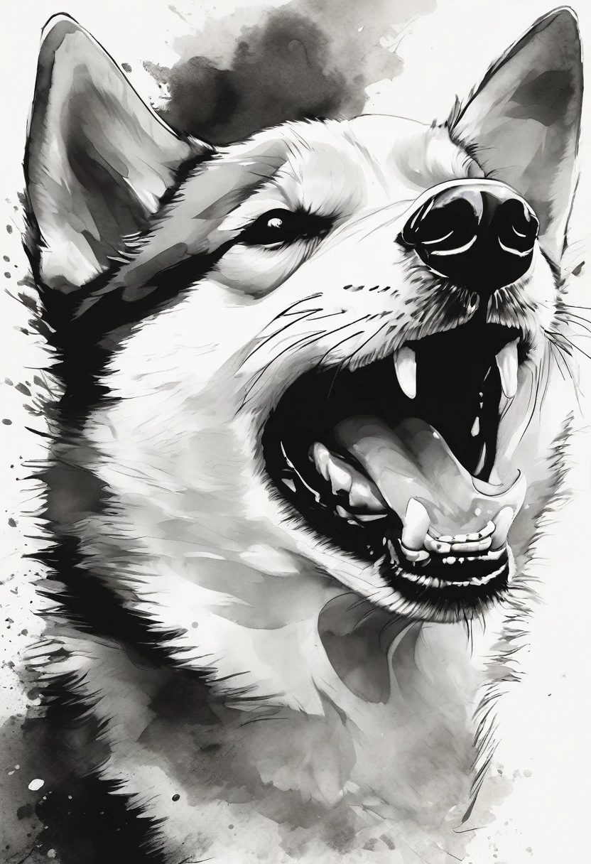"Dynamic ink brushstroke style, black and white only: illustration by a professional illustrator, featuring an angry Shiba Inu baring its teeth and leaping, action shot, high detail, white background, sharp focus, full body, masterpiece, highly detailed, high quality, artistic sumi ink painting, Japanese style, icon, single animal."