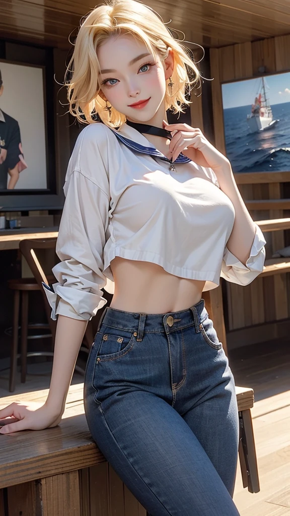{{masterpiece, Highest quality, Extremely detailed CG, unity 8k wallpaper, Cinema Lighting, }}, Sony a7, Wide Frame, South Pacific, During the war with Asian countries, Winds blowing on the Aegis ship, 1 Girl, whole body, smile, She is a US Navy sailor.., White people, 20-year-old, smile, blonde, Short Bob, blue eyes , Long eyelashes ,eye shadow、lipstick、sexy proportions、Tight waist、sexy、Creating flexibility((A seductive gesture))、nipples are sticking out