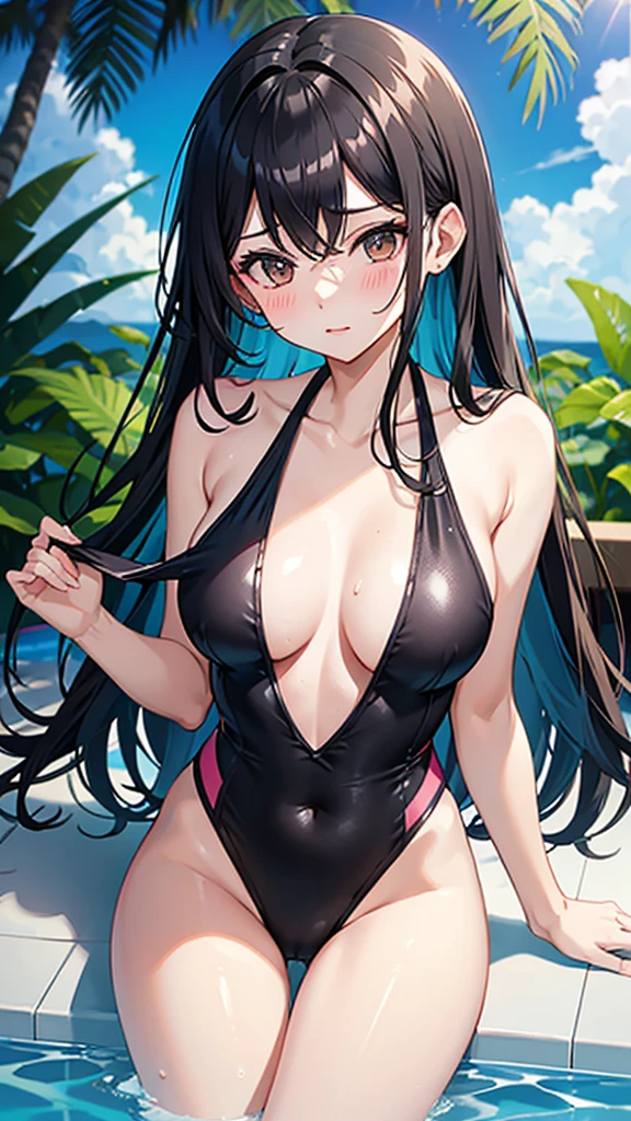 Colorful one-piece swimsuit Black hair semi-long hair Great style blush Quite embarrassing Poolside