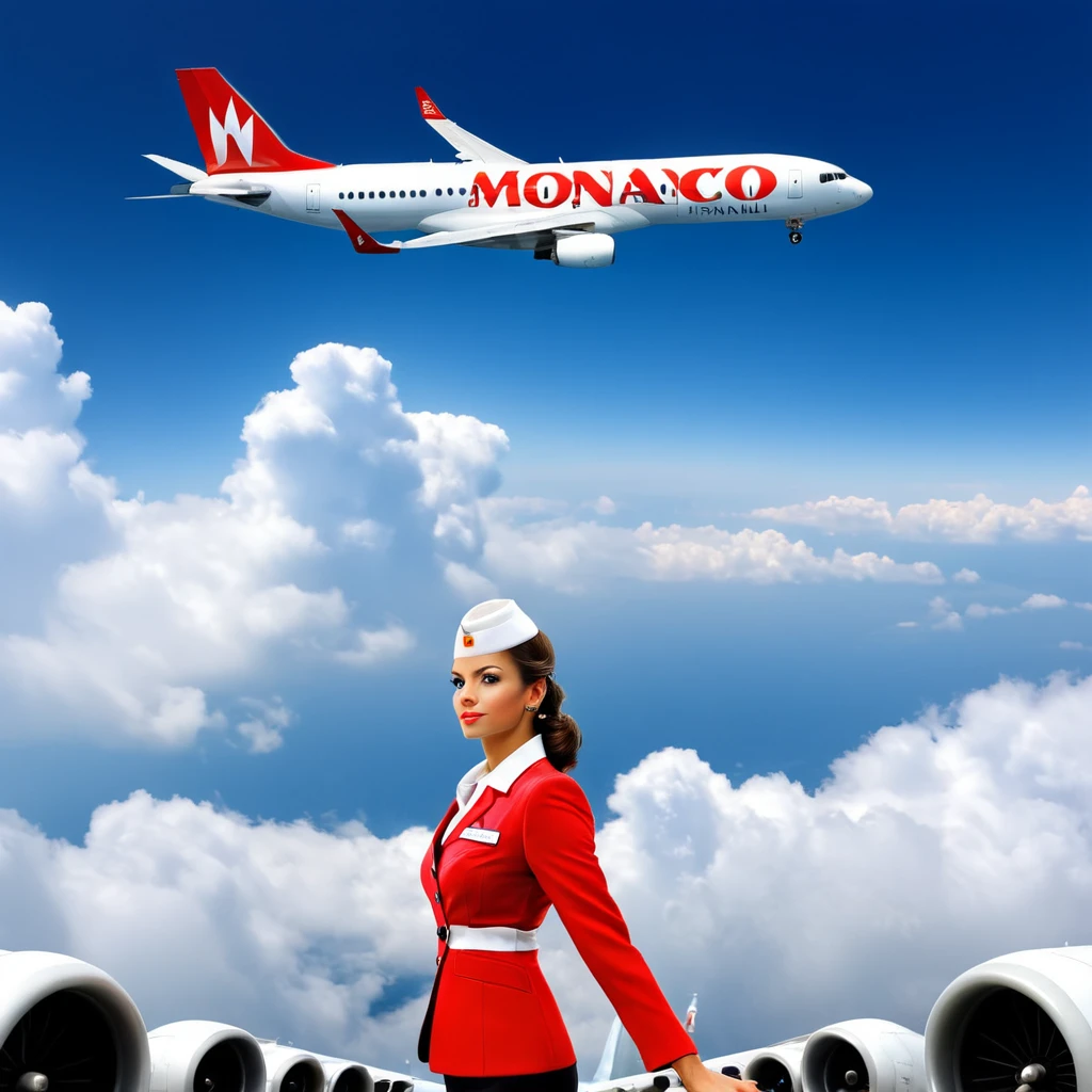 stewardess, airplane, double exposure, (("monaco", "Istanbul")) Text logo, clouds