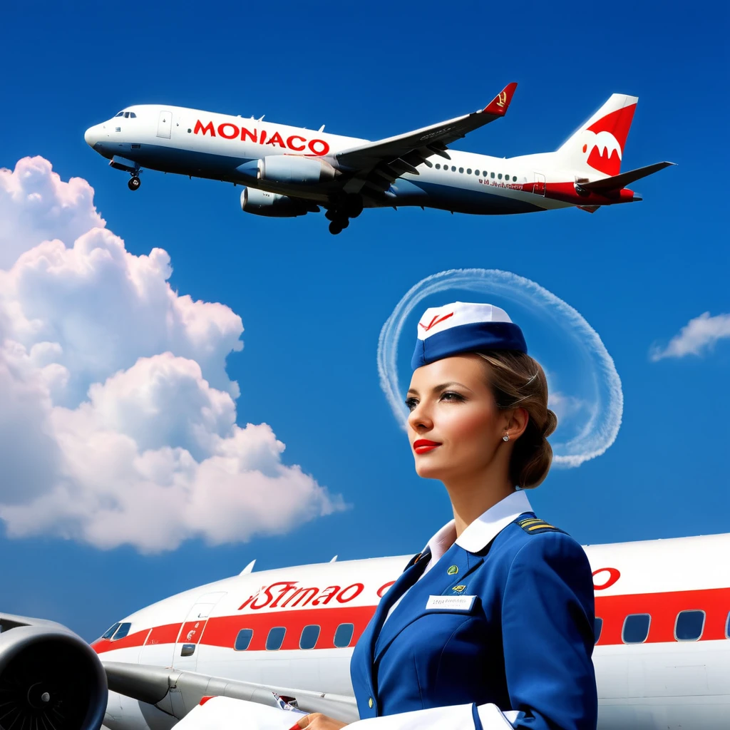 stewardess, airplane, double exposure, (("monaco", "Istanbul")) Text logo, clouds