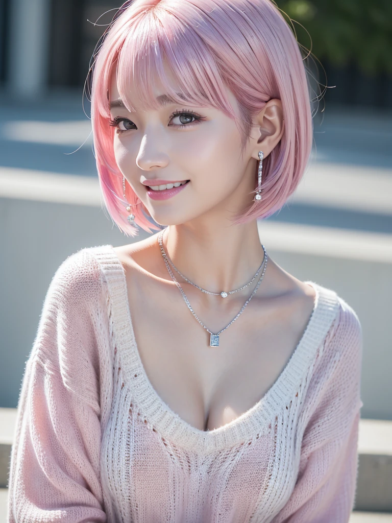 (8K, Highest quality, masterpiece:1,2), (Realistic, Realistic:1.37), Super detailed, One Girl,), (Very detailedな), (Beautiful and detailed), (Highest quality), (Very detailed ), (masterpiece), (Detailed face),20-year-old, ,1 Girl, ((Pink Hair,Very short hair)), Dressed, Perfect lighting, (White sweater:1.2), (Silver Earrings:1.1), (Silver Necklace:1.1) Cut the left bangs, Pin on right ear, smile, Teeth are visible, Eyes staring at the camera, Place one'Right hand in one'Coat pocket, place your left hand on your hip, Put your right foot forward, The left leg is bent, Urban Background, Dark colors, Contrast, Evening Light, Light from the left, Right Shadow, Coat and tights texture,head shot